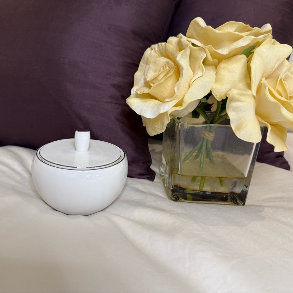 Japanese Francfranc White Ceramic with silver trim Sugar Bowl with Lid